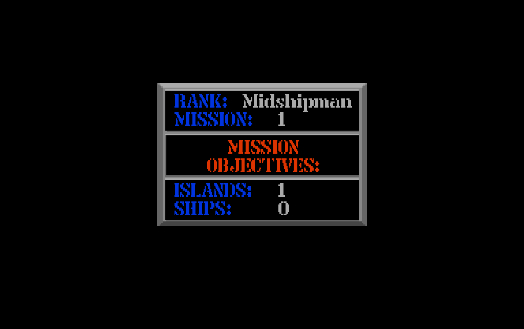A framed panel on black: the rank and the mission, two orange lines, the islands and the ships.