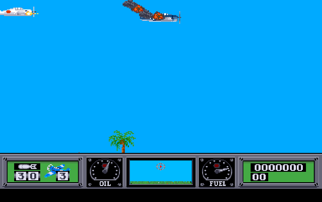 A white enemy fighter at the top left, a yellow flash at its nose; ahead of it the blue Hellcat, trailing smoke.