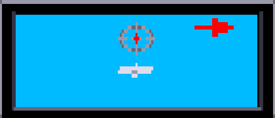 The 3-D view enlarged: the cursor's ring, a small white aircraft below it, a red arrow pointing east.