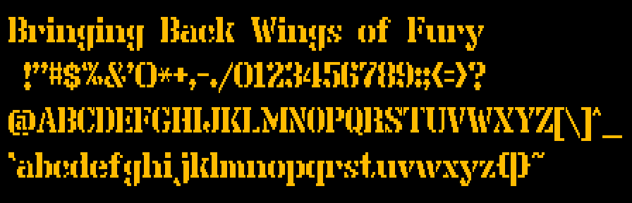 The game's font in gold on black: the book's title and every character from the space to the tilde.