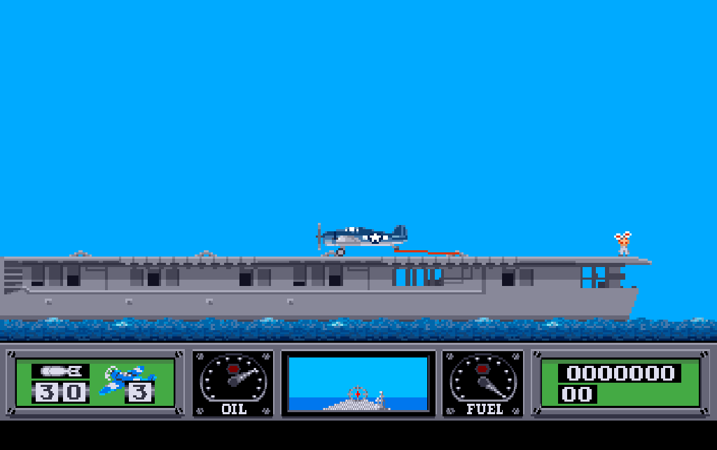 The aircraft on the carrier's deck, a red cable drawn from its tailhook to the deck behind it, the dashboard below.