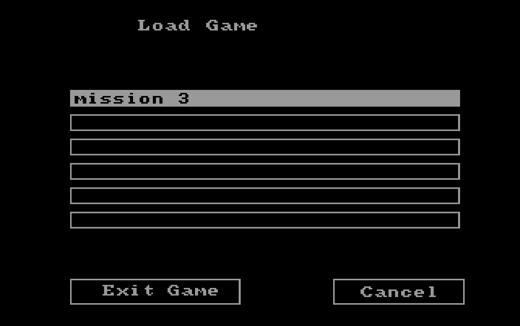 Six outlined slots, the first holding a saved game and highlighted, two buttons below.
