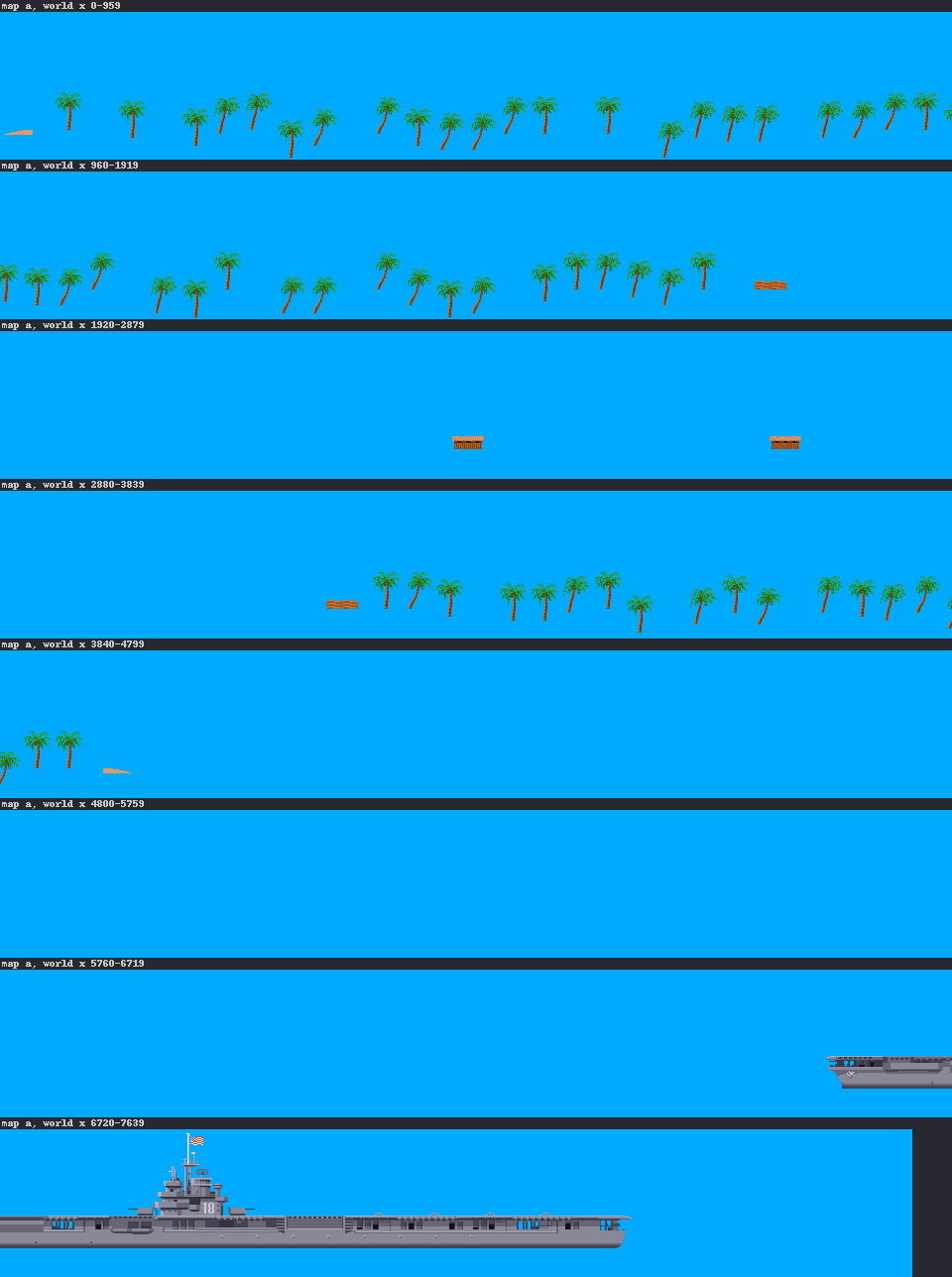 Map a in eight bands: palms, barracks and dug-outs on the left, then sea, the carrier from the seventh band into the eighth.