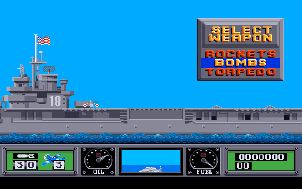 The first mission as the port draws it: the carrier's deck with its tower under a blue sky, the weapon menu at the top right, the sea, and the dashboard with its gauges at the bottom.