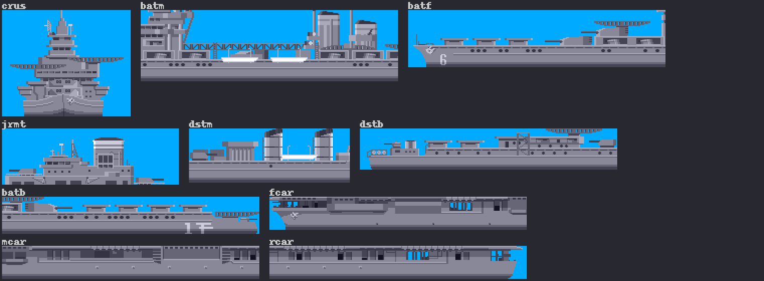Ten grey hulls with their names, blue sky in their corners.
