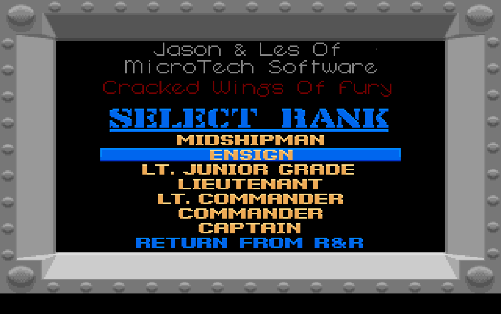 A metal frame: three lines at the top, a heading, eight items, the second under a blue bar.