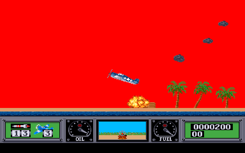 The play screen with a red sky: the aircraft low, flying west, just past two explosions beside a dug-out, smoke drifting up behind it; 13 rockets and 200 points on the dashboard.