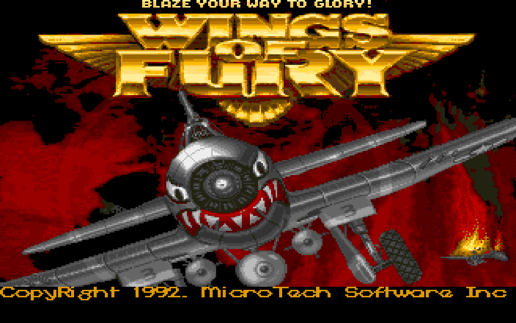 The title screen of Wings of Fury: the gold lettering over a red sky and a Hellcat with a shark's mouth.