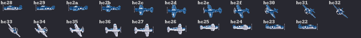 Twenty-one frames of the Hellcat in two rows, their names counted in hexadecimal: hc28 to hc32 facing west, then hc33 to hc36 and hc27 down to hc22 coming round to face east.