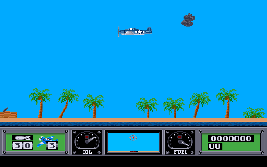 The play screen: the aircraft in a blue sky, palms over the island's ground, the waves, the dashboard.