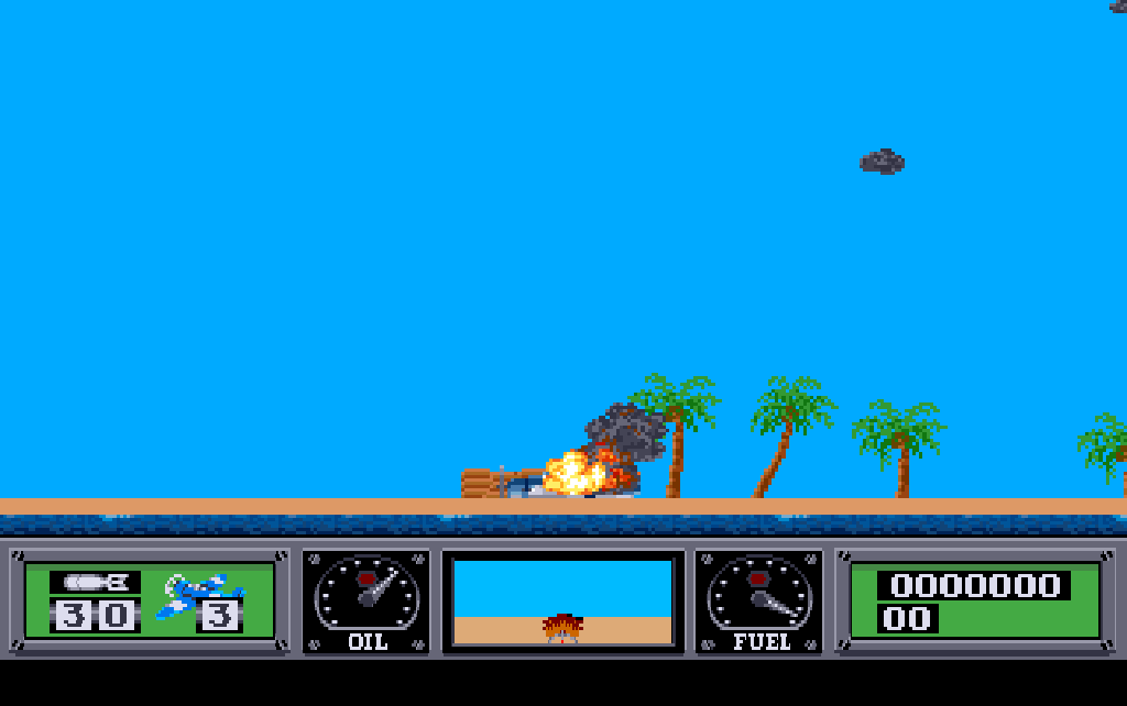 The play screen: a wreck on map a's island beside a dug-out, an explosion and black smoke over it, palms to the right.